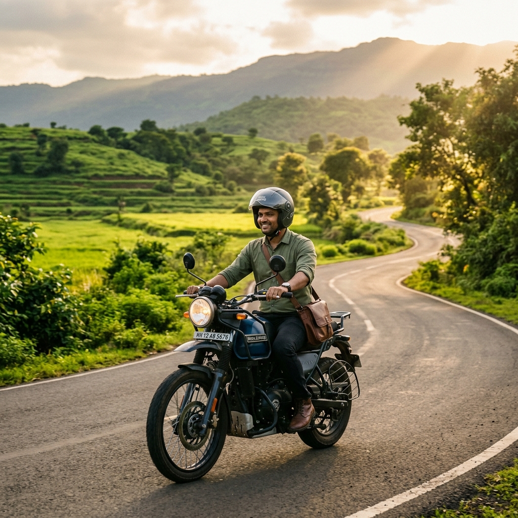 Field officer on a two-wheeler, village road